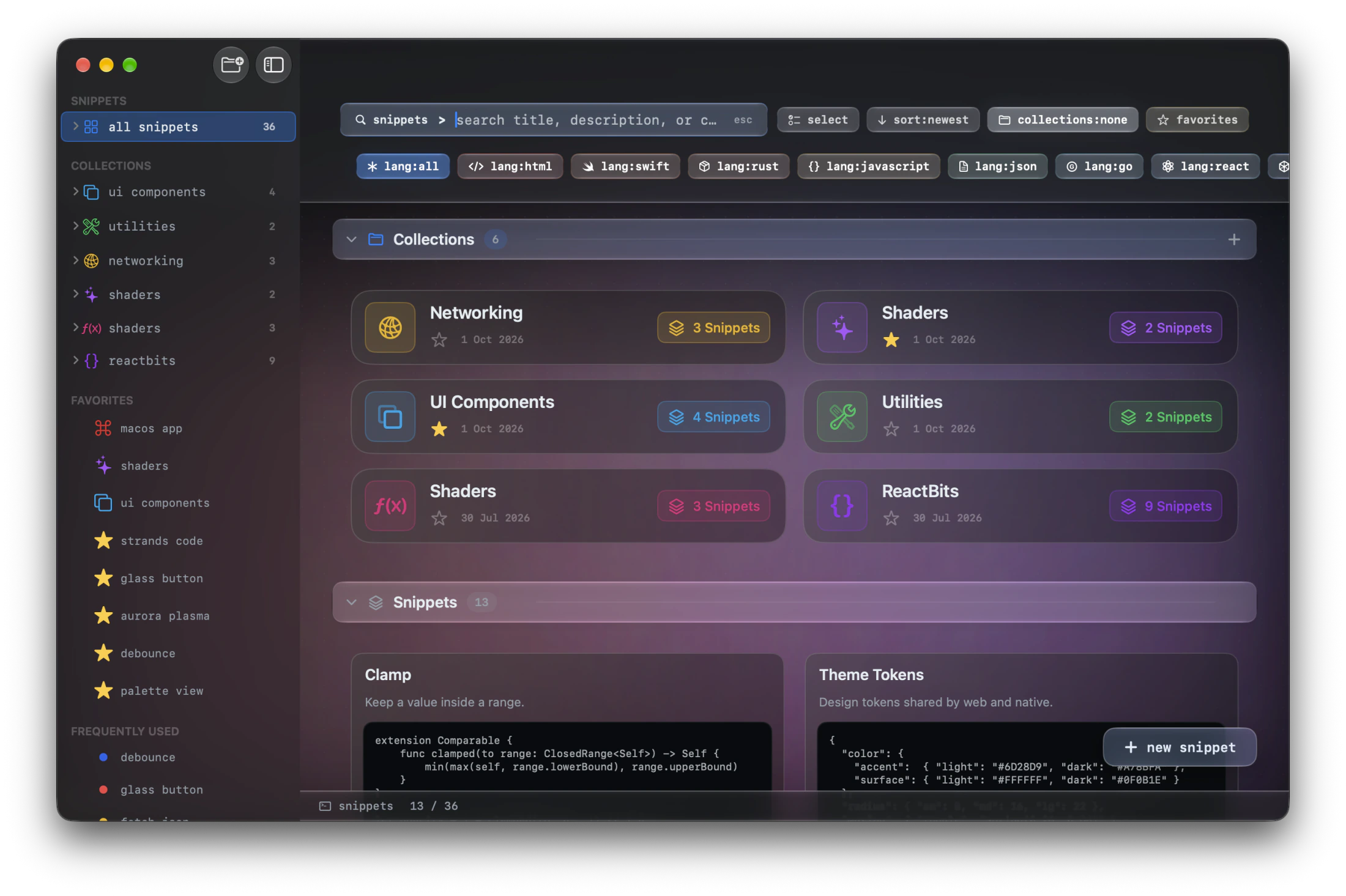 The Snippets gallery: a sidebar of collections and favorites, language filter chips, and snippet cards showing code.