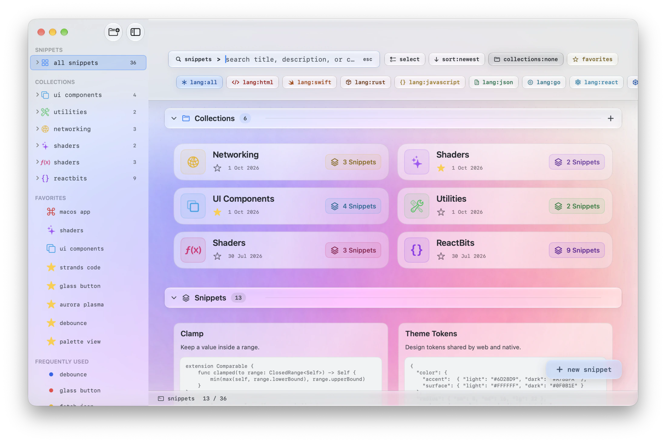 The Snippets gallery: a sidebar of collections and favorites, language filter chips, and snippet cards showing code.