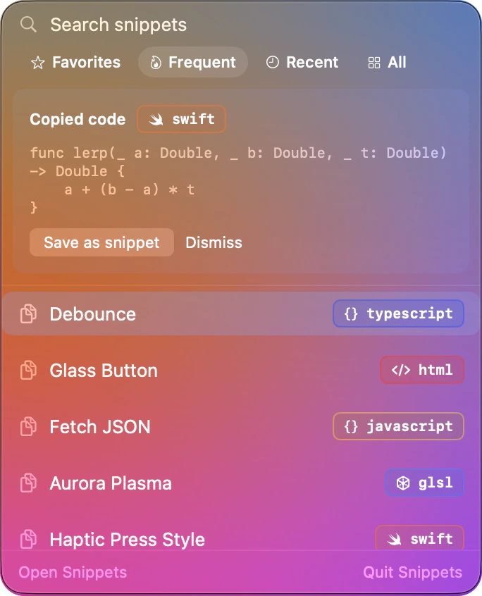 The quick-copy panel offering to save code just copied in another app, with Save as snippet and Dismiss buttons.