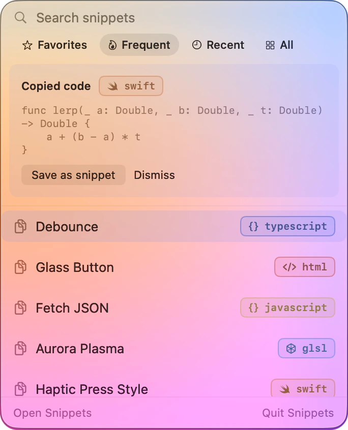 The quick-copy panel offering to save code just copied in another app, with Save as snippet and Dismiss buttons.