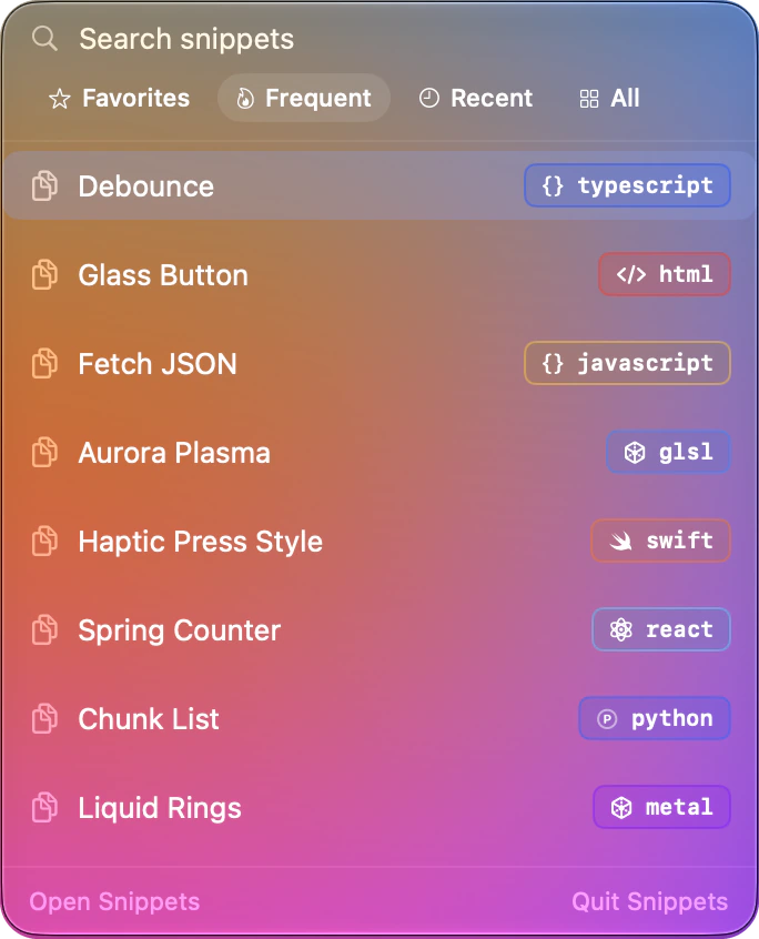 The Snippets quick-copy panel open under the scissors in the macOS menu bar, listing frequent snippets.