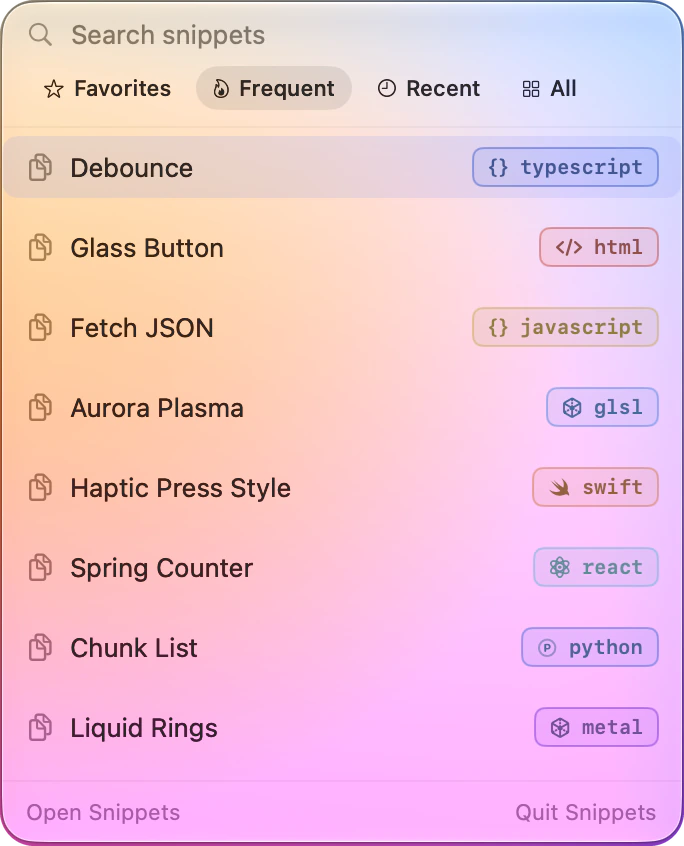 The Snippets quick-copy panel open under the scissors in the macOS menu bar, listing frequent snippets.